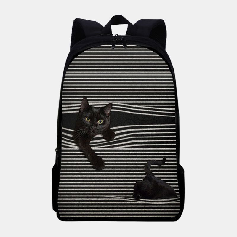 Mochila Con Estampado De Rayas De Gato De Dibujos Animados De Gran Capacidad De Tela Oxford Para Mujer