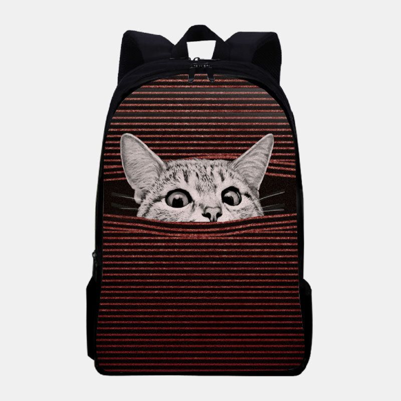 Mochila Con Estampado De Rayas De Gato De Dibujos Animados De Gran Capacidad De Tela Oxford Para Mujer