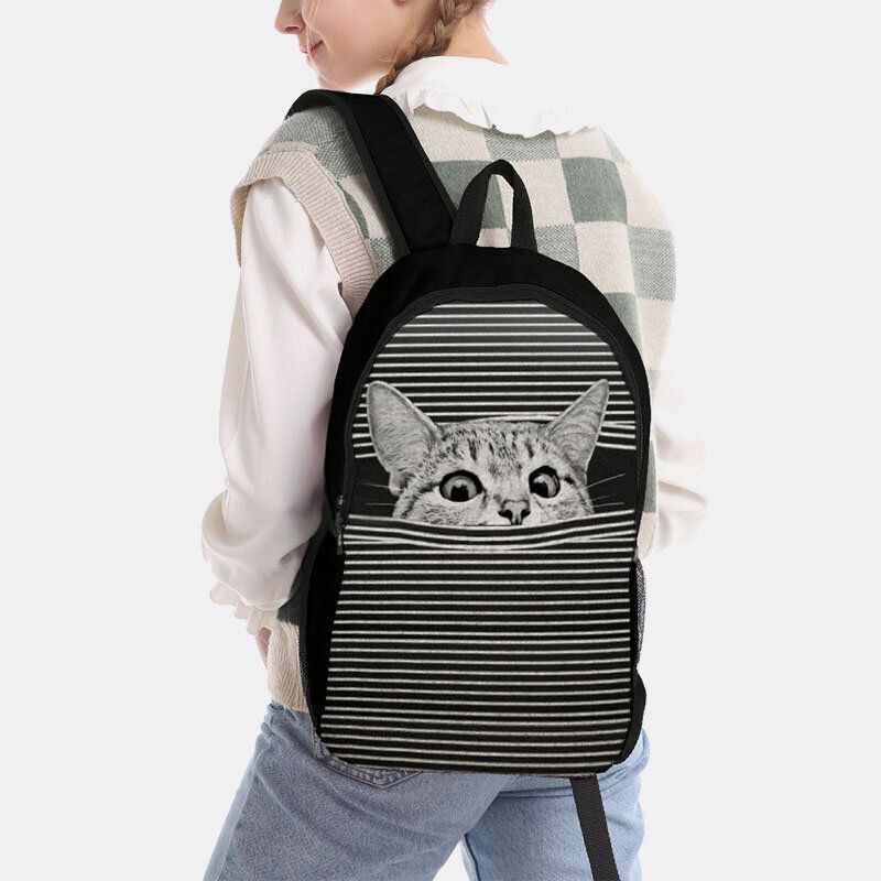 Mochila Con Estampado De Rayas De Gato De Dibujos Animados De Gran Capacidad De Tela Oxford Para Mujer