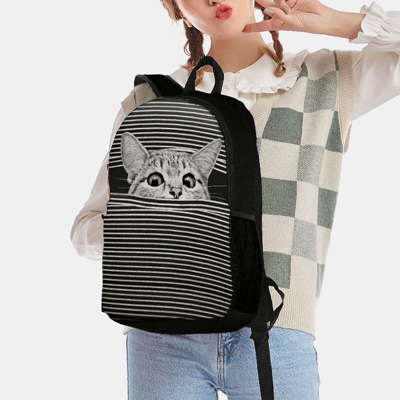 Mochila Con Estampado De Rayas De Gato De Dibujos Animados De Gran Capacidad De Tela Oxford Para Mujer