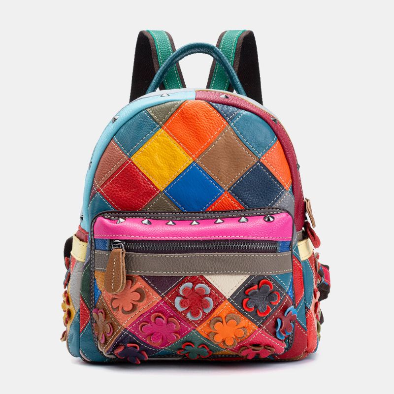 Mochila Con Remaches De Retazos De Cuero Genuino Para Mujer