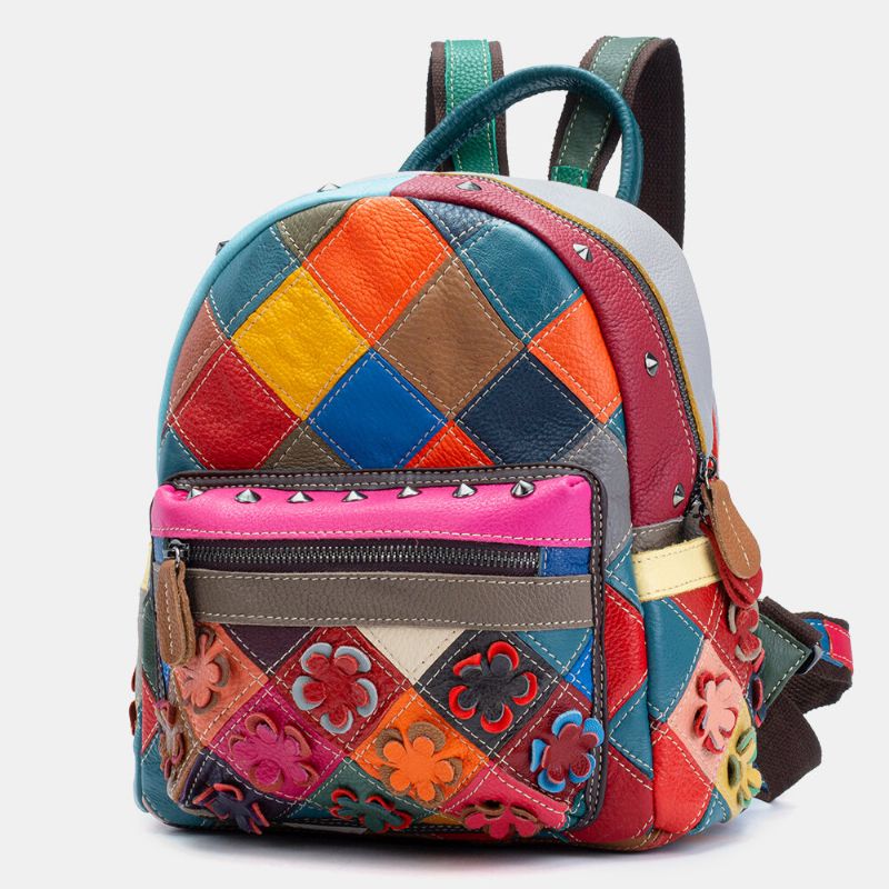 Mochila Con Remaches De Retazos De Cuero Genuino Para Mujer