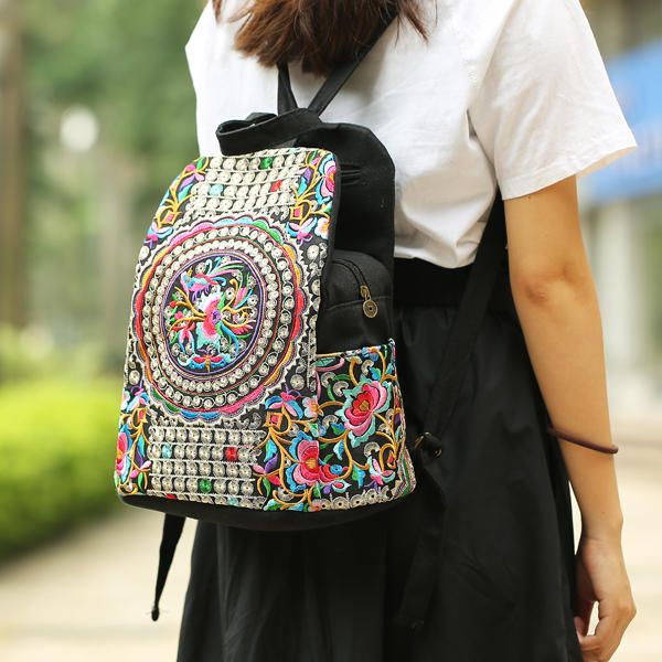 Mochila Creativa Con Cremallera Bordada De Estilo Nacional Para Mujer