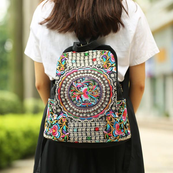 Mochila Creativa Con Cremallera Bordada De Estilo Nacional Para Mujer