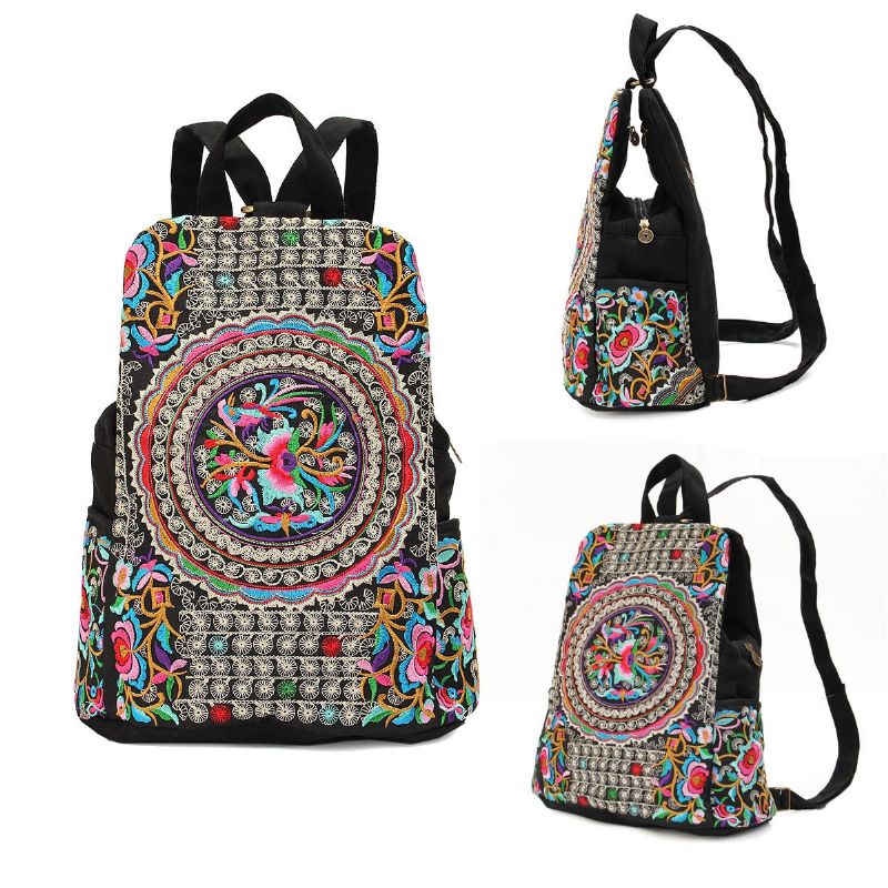 Mochila Creativa Con Cremallera Bordada De Estilo Nacional Para Mujer