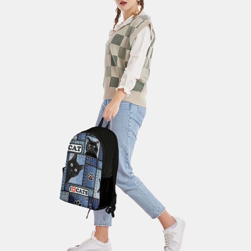 Mochila Escolar De Gran Capacidad Con Estampado De Gatos De Tela Oxford Para Mujer