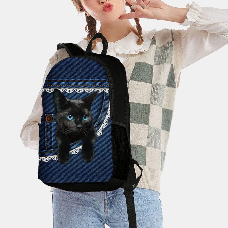 Mochila Escolar De Gran Capacidad Con Estampado De Gatos De Tela Oxford Para Mujer