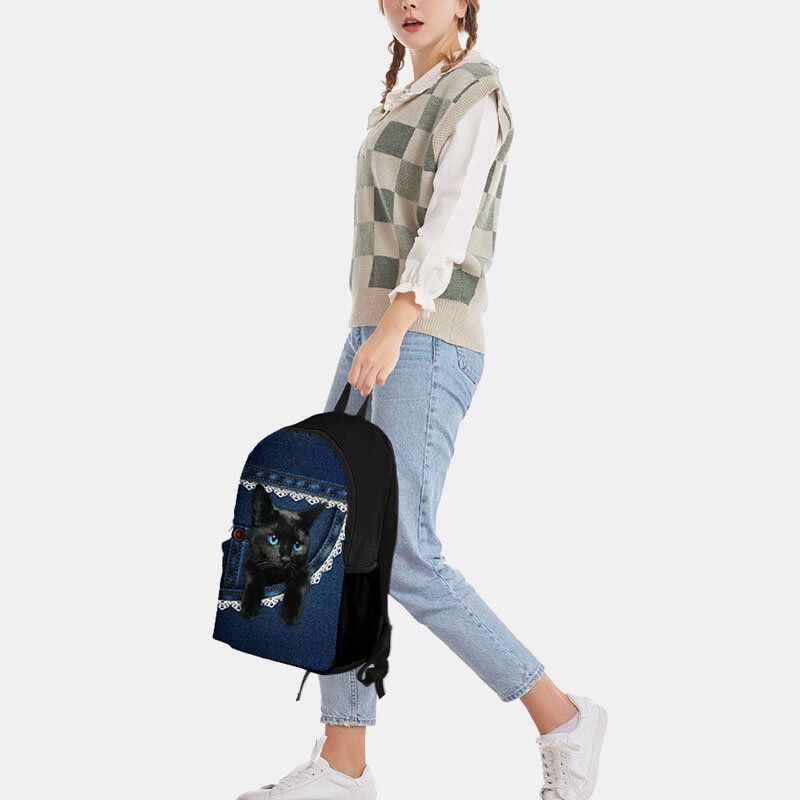 Mochila Escolar De Gran Capacidad Con Estampado De Gatos De Tela Oxford Para Mujer