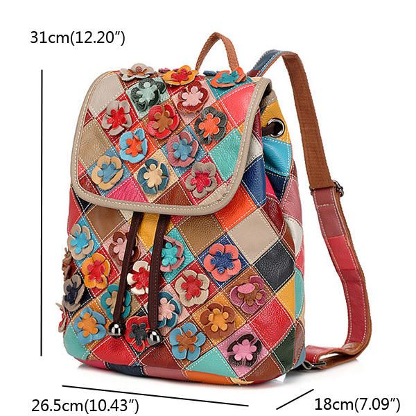 Mochila De Flores De Retazos De Piel De Vaca Para Mujer