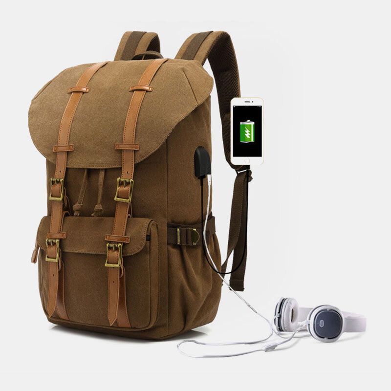 Mochila De Gran Capacidad De Viaje Al Aire Libre Con Carga Usb De Cuero Genuino Y Lona Para Hombre