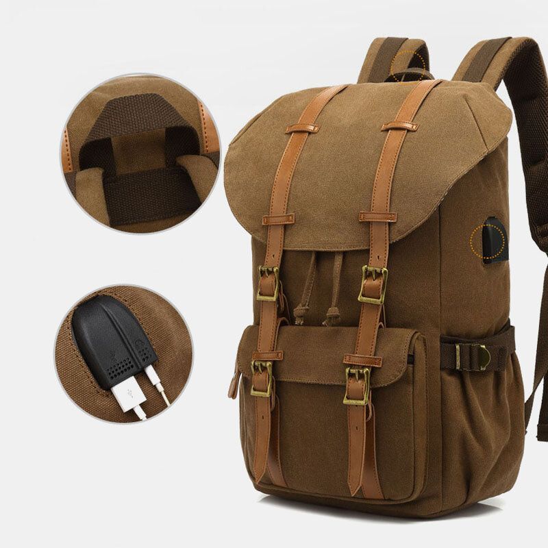 Mochila De Gran Capacidad De Viaje Al Aire Libre Con Carga Usb De Cuero Genuino Y Lona Para Hombre