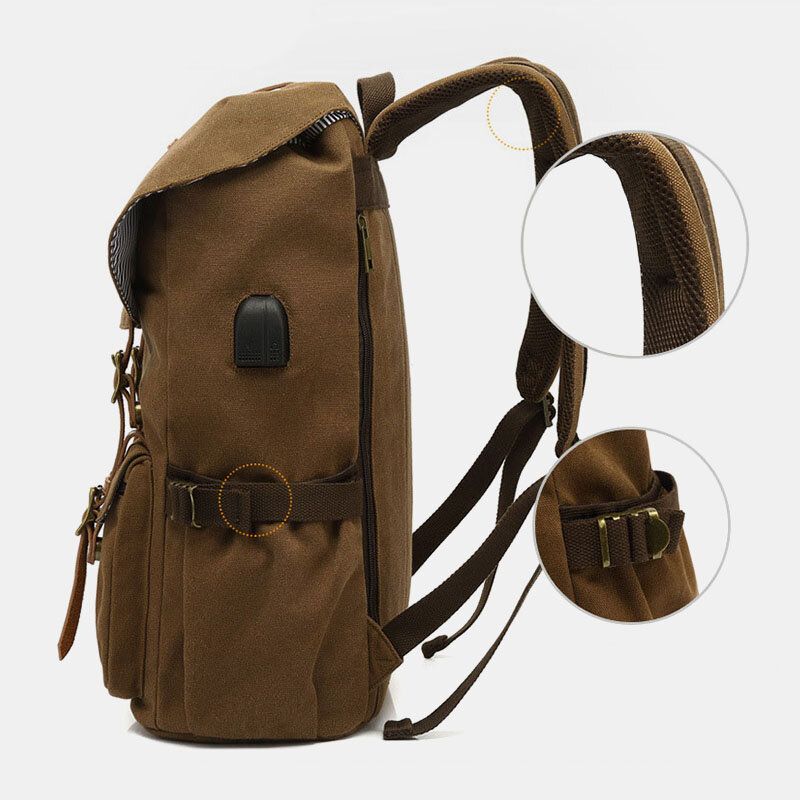 Mochila De Gran Capacidad De Viaje Al Aire Libre Con Carga Usb De Cuero Genuino Y Lona Para Hombre