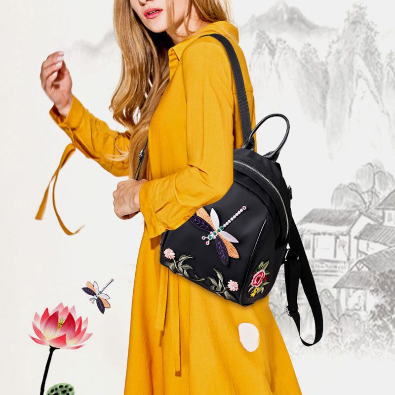 Mochila Impermeable Antirrobo Con Bordado De Flores De Libélula Étnica Oxford Para Mujer