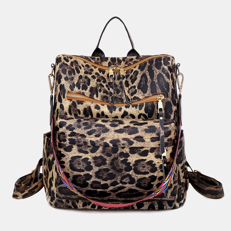 Mochila Informal De Moda Con Estampado De Leopardo Y Flores De Piel Sintética Para Mujer