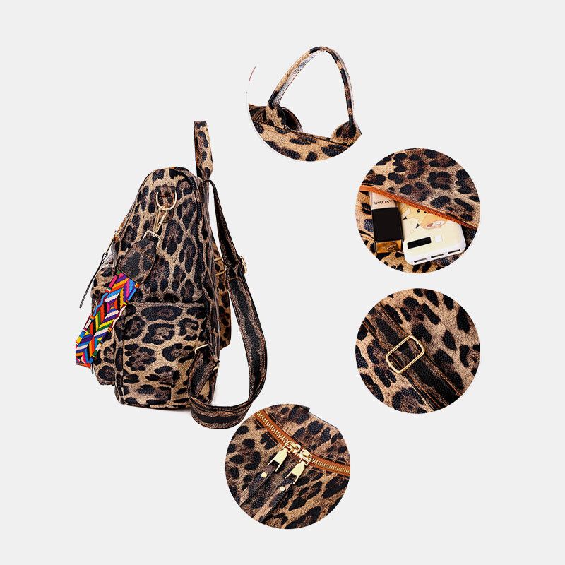 Mochila Informal De Moda Con Estampado De Leopardo Y Flores De Piel Sintética Para Mujer