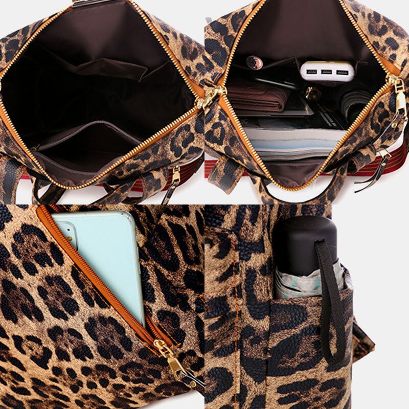 Mochila Informal De Moda Con Estampado De Leopardo Y Flores De Piel Sintética Para Mujer