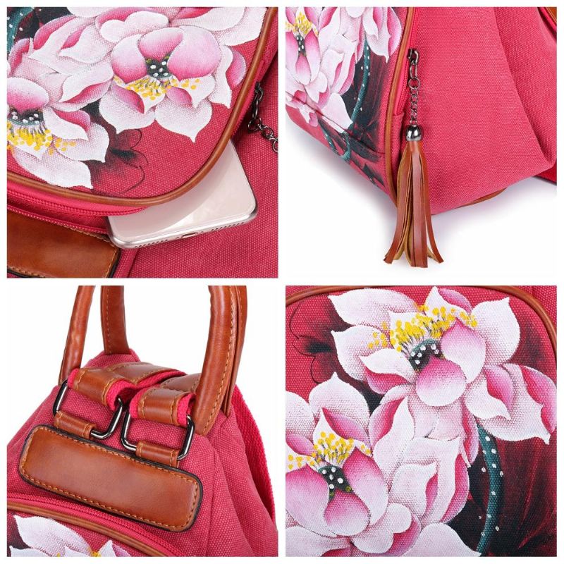 Mochila De Lona Para Mujer Bolsa De Viaje Estampado Lotus National Shoulder Crossbody Bag