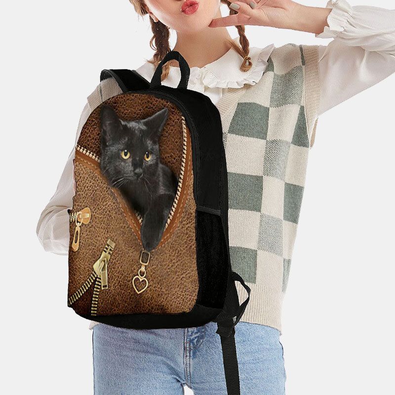 Mochila Oxford Con Estampado De Patrón Zipper De Gato De Dibujos Animados De Gran Capacidad Patchwork Para Mujer