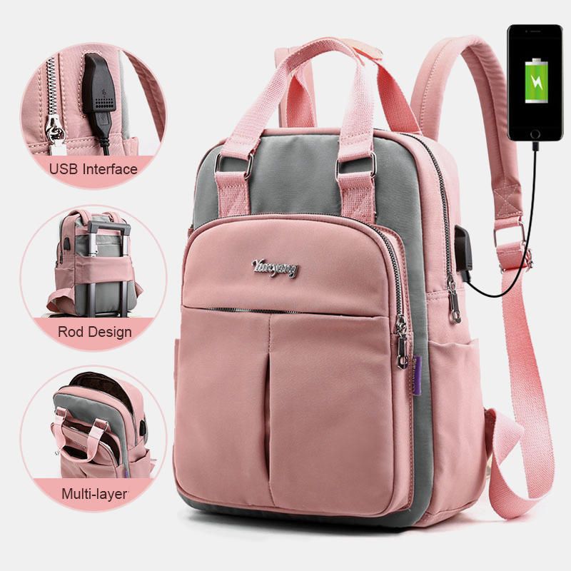 Mochila De Patchwork Informal Impermeable Multifunción De Lona Para Mujer Con Puerto De Carga Usb