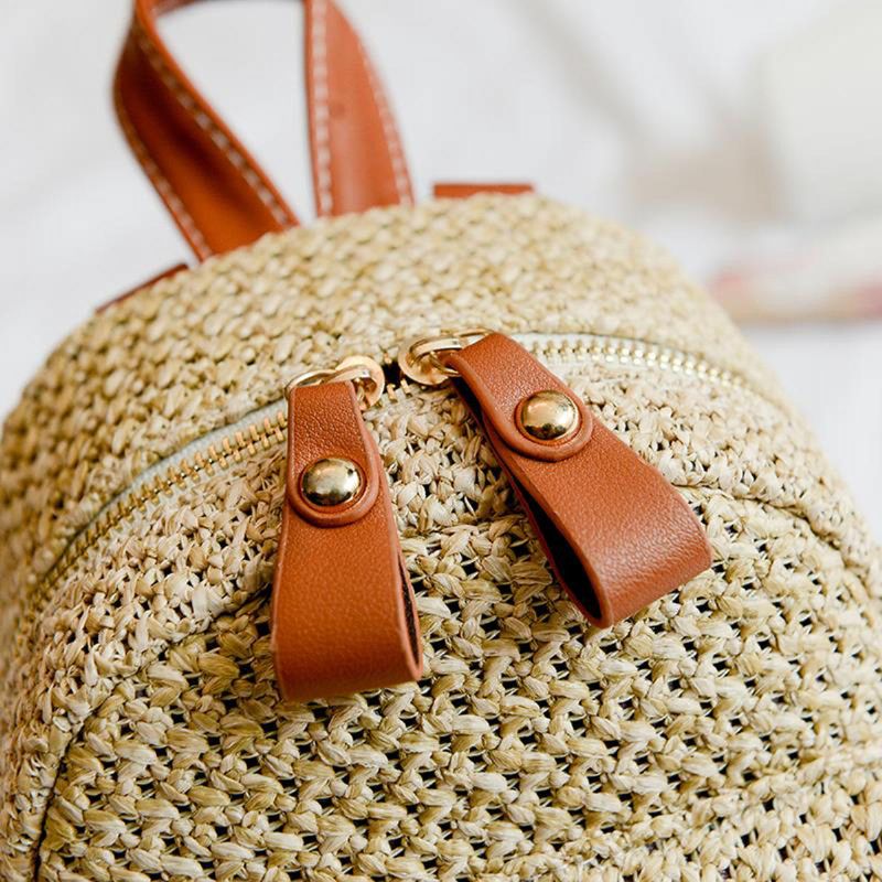 Moda Para Mujer Vintage Lady Straw Beach Bag Tejido Bolsos De Hombro Bolso De Ratán Hecho A Mano Bohemio Chic Mini Mochila Bolso De Verano