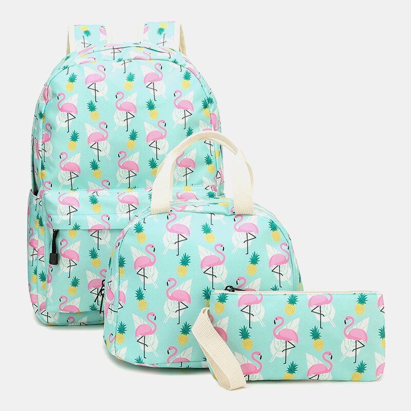 Mujeres 3pcs Flamingo Printed School Mochila Bolsa De Comida Estuche Para Lápices