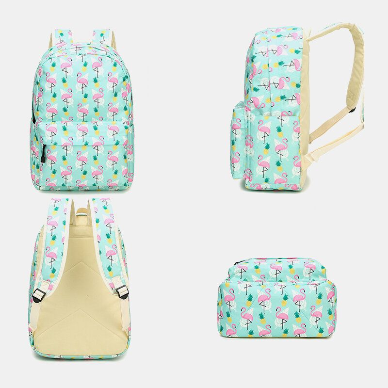 Mujeres 3pcs Flamingo Printed School Mochila Bolsa De Comida Estuche Para Lápices