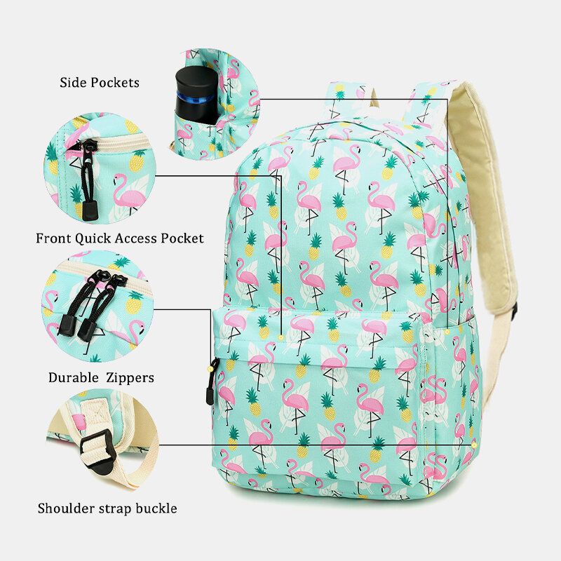 Mujeres 3pcs Flamingo Printed School Mochila Bolsa De Comida Estuche Para Lápices