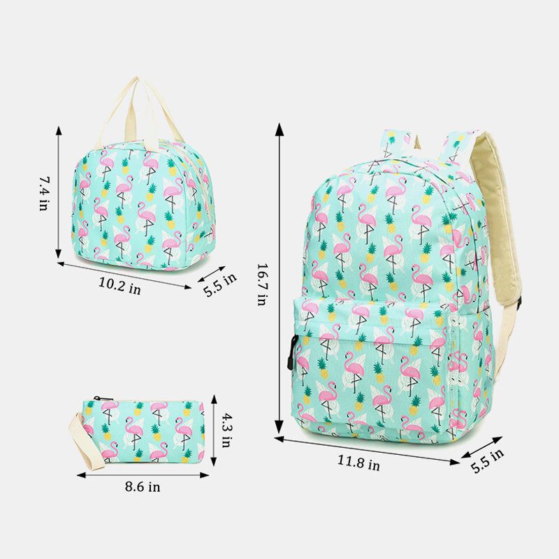 Mujeres 3pcs Flamingo Printed School Mochila Bolsa De Comida Estuche Para Lápices