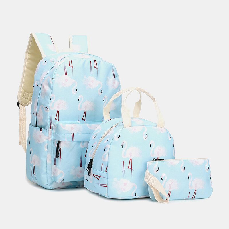 Mujeres 3pcs Flamingo Printed School Mochila Bolsa De Comida Estuche Para Lápices