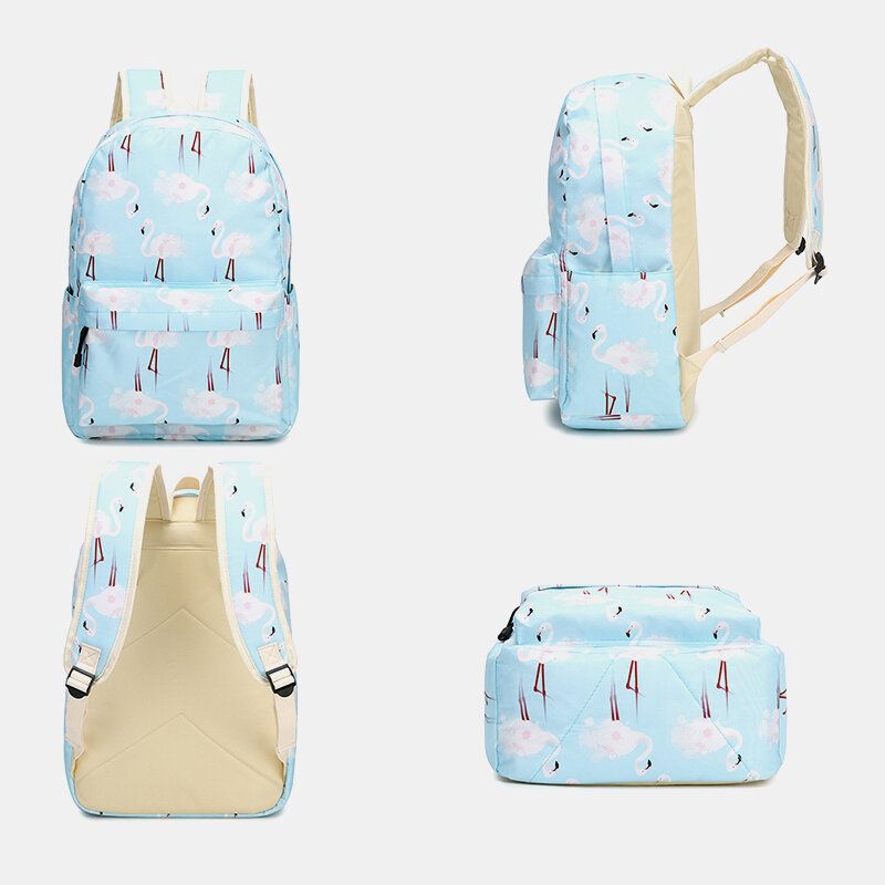 Mujeres 3pcs Flamingo Printed School Mochila Bolsa De Comida Estuche Para Lápices