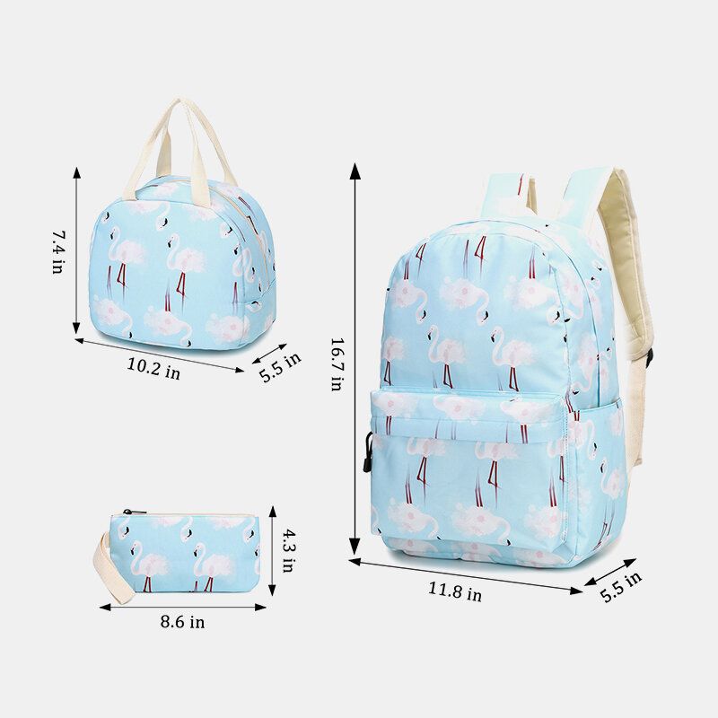 Mujeres 3pcs Flamingo Printed School Mochila Bolsa De Comida Estuche Para Lápices