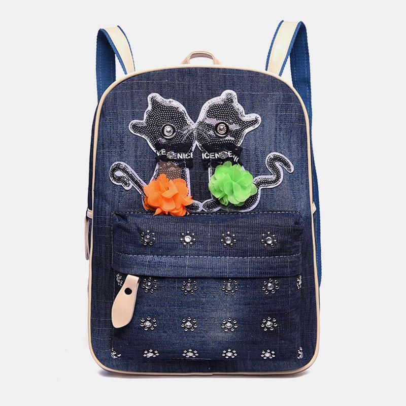 Mujeres Canvas Cute Cat Print Patchwork Mochila Informal Mochila Escolar