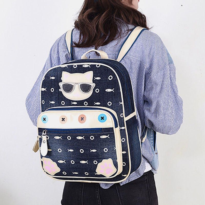 Mujeres Canvas Cute Cat Print Patchwork Mochila Informal Mochila Escolar