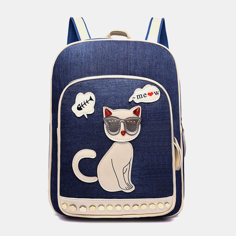 Mujeres Canvas Cute Cat Print Patchwork Mochila Informal Mochila Escolar