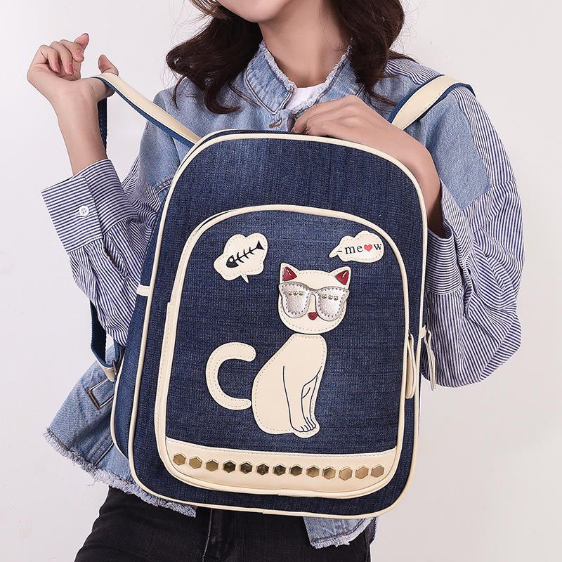 Mujeres Canvas Cute Cat Print Patchwork Mochila Informal Mochila Escolar