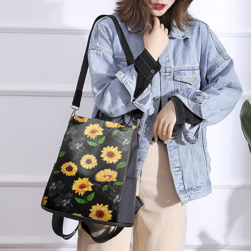 Mujeres Nylon Patrón De Girasol Estampado De Gran Capacidad Mochila De Transporte Múltiple Bandolera Bolsos