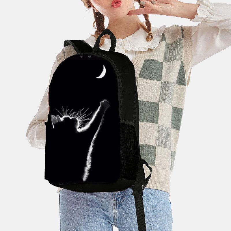 Mujeres Oxford Cloth Casual Cute Black Cat Back View Y Moon Printing School Bag Mochila