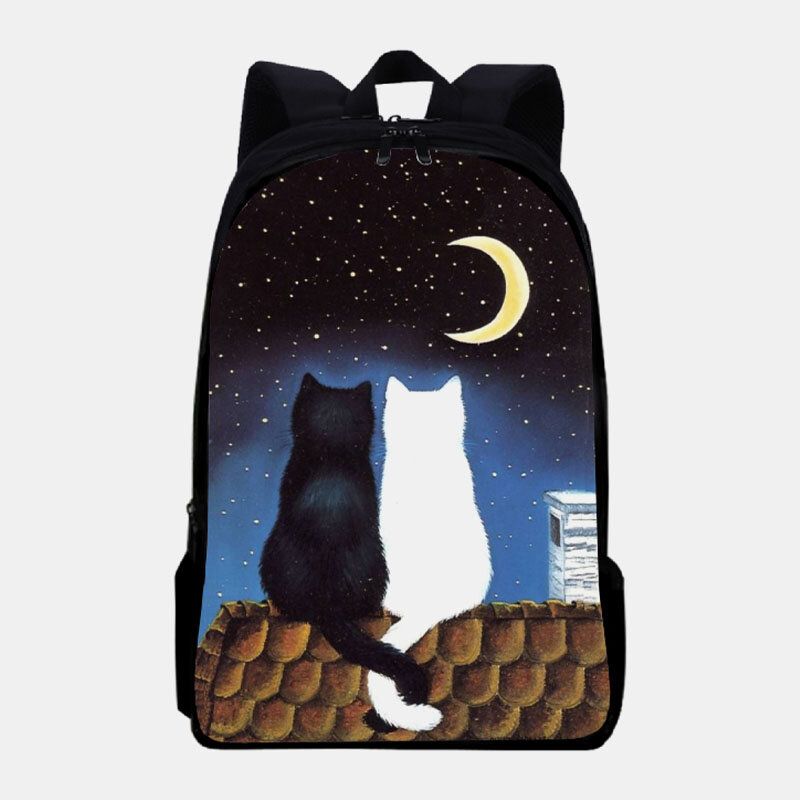 Mujeres Oxford Cloth Casual Cute Lover Cats Night View Impresión Mochila Escolar Mochila