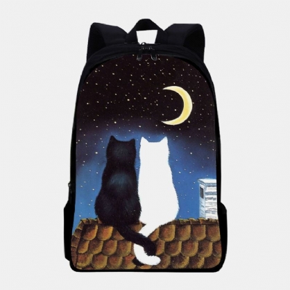 Mujeres Oxford Cloth Casual Cute Lover Cats Night View Impresión Mochila Escolar Mochila