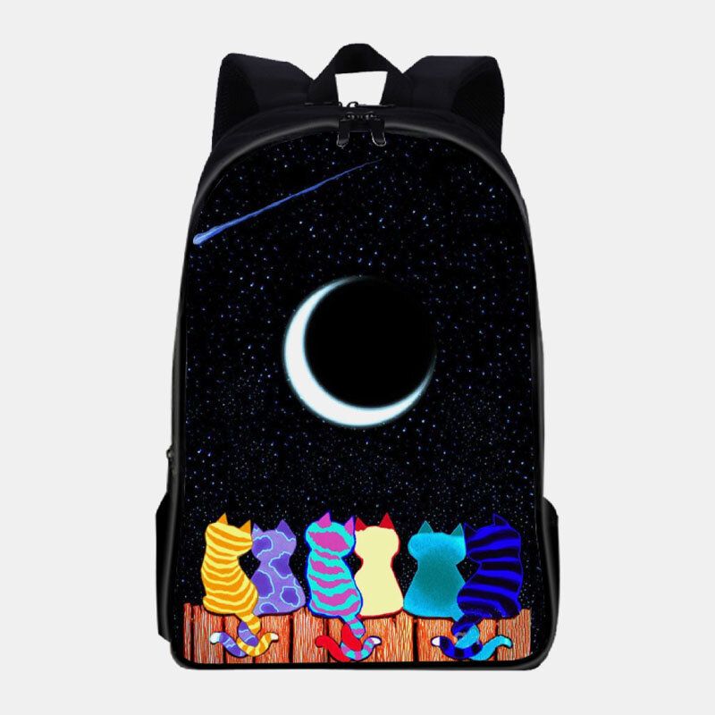 Mujeres Oxford Cloth Casual Cute Lover Cats Night View Impresión Mochila Escolar Mochila