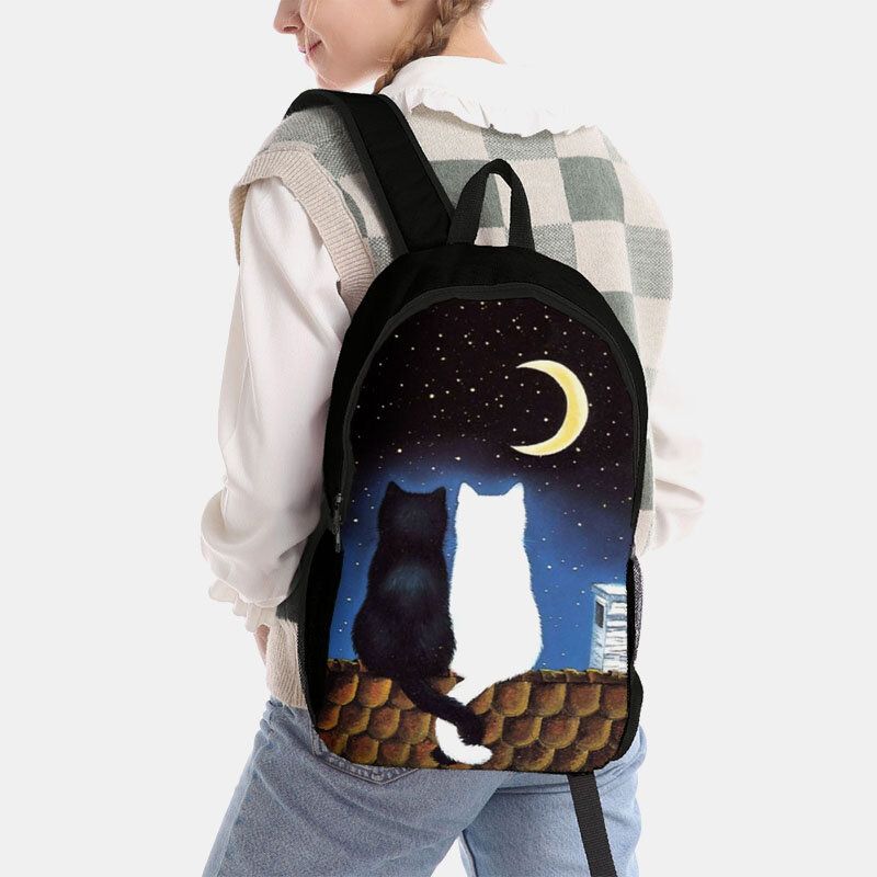 Mujeres Oxford Cloth Casual Cute Lover Cats Night View Impresión Mochila Escolar Mochila