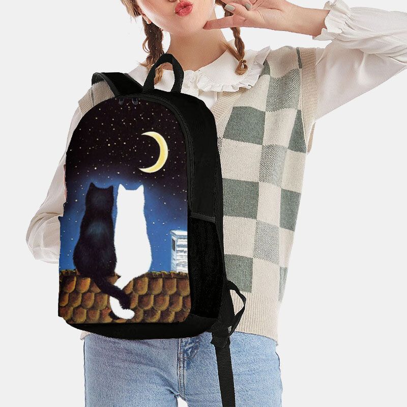 Mujeres Oxford Cloth Casual Cute Lover Cats Night View Impresión Mochila Escolar Mochila