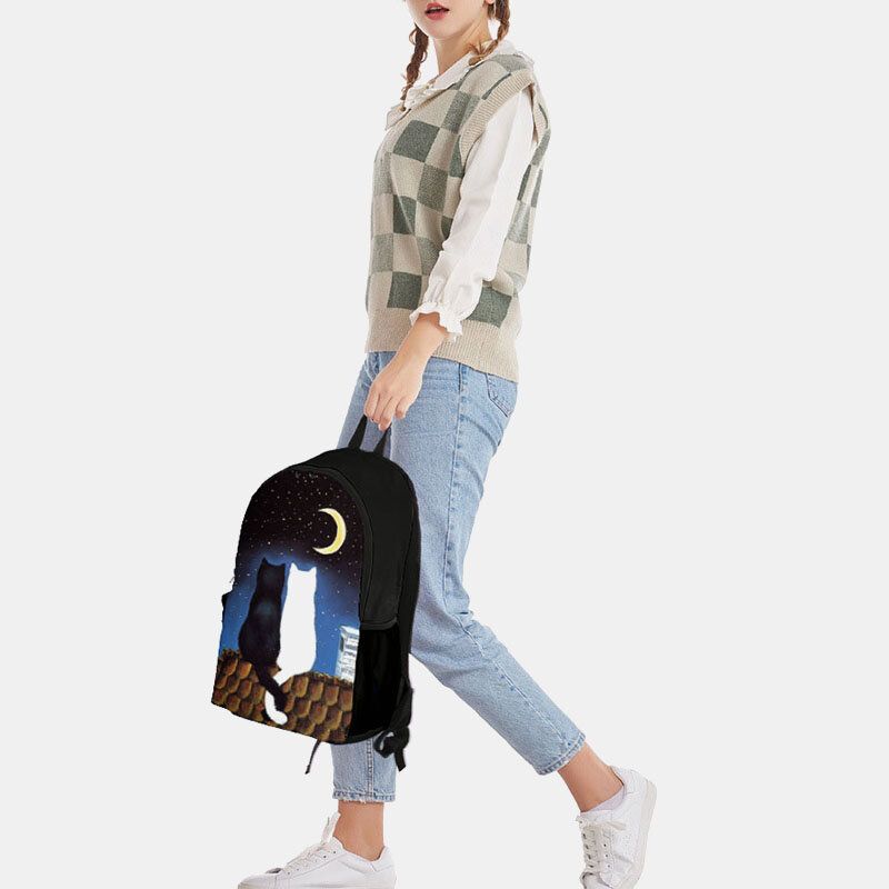 Mujeres Oxford Cloth Casual Cute Lover Cats Night View Impresión Mochila Escolar Mochila