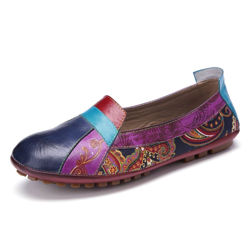 Bohemia De Cuero Suave Con Empalme Floral Cómodo Resbalón Casual En Mocasines Zapatos Planos