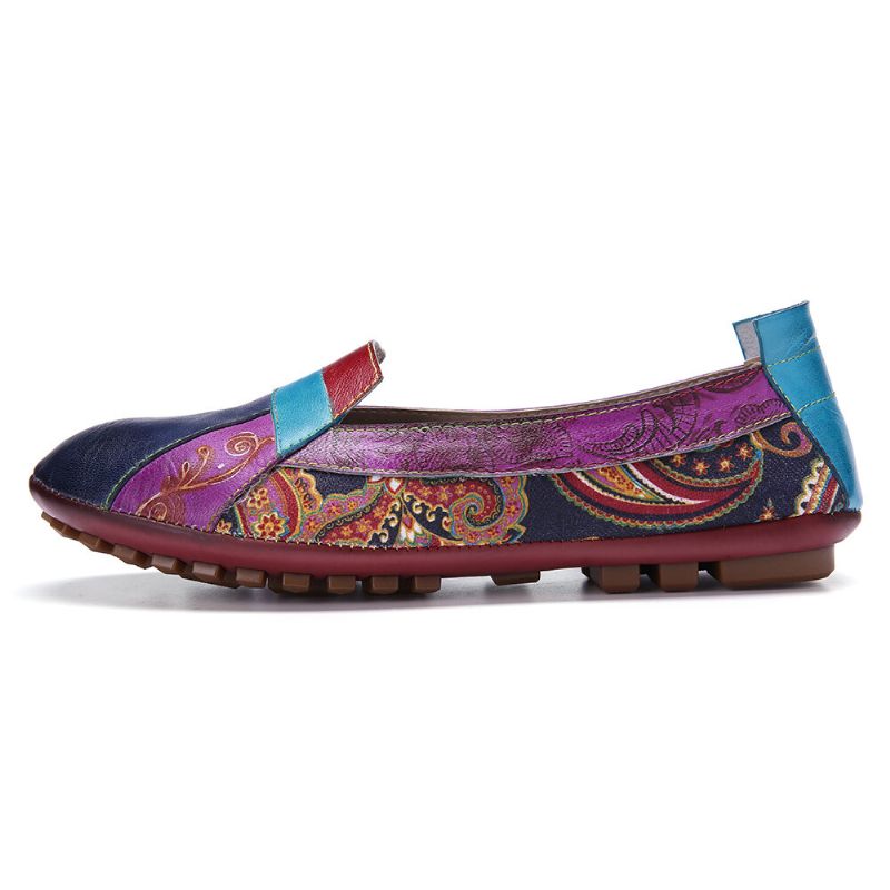 Bohemia De Cuero Suave Con Empalme Floral Cómodo Resbalón Casual En Mocasines Zapatos Planos