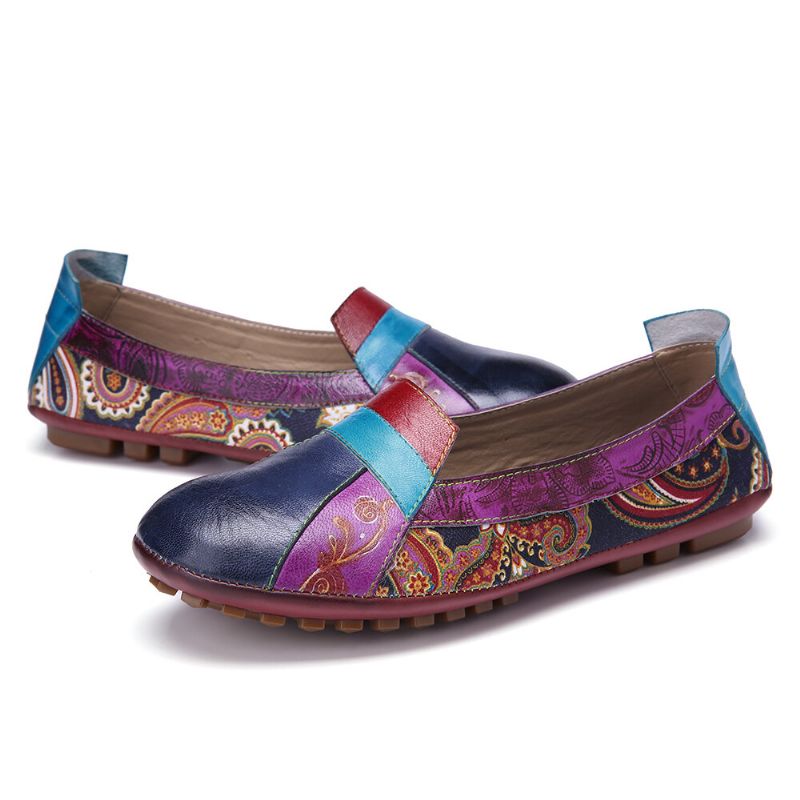 Bohemia De Cuero Suave Con Empalme Floral Cómodo Resbalón Casual En Mocasines Zapatos Planos