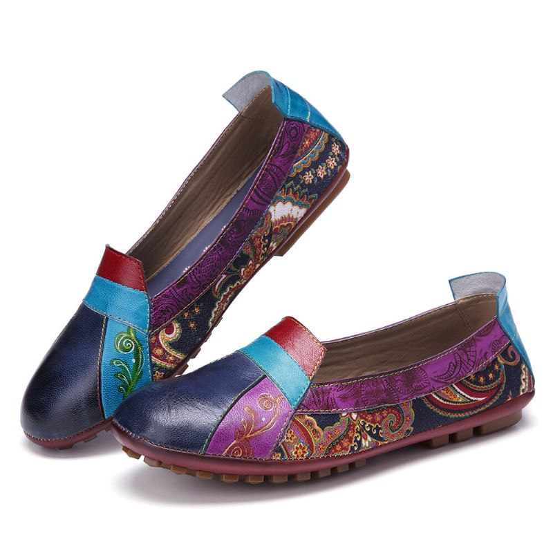 Bohemia De Cuero Suave Con Empalme Floral Cómodo Resbalón Casual En Mocasines Zapatos Planos