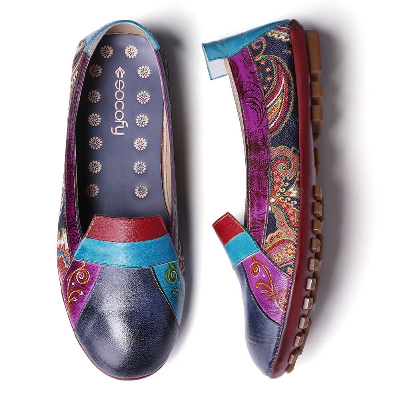 Bohemia De Cuero Suave Con Empalme Floral Cómodo Resbalón Casual En Mocasines Zapatos Planos