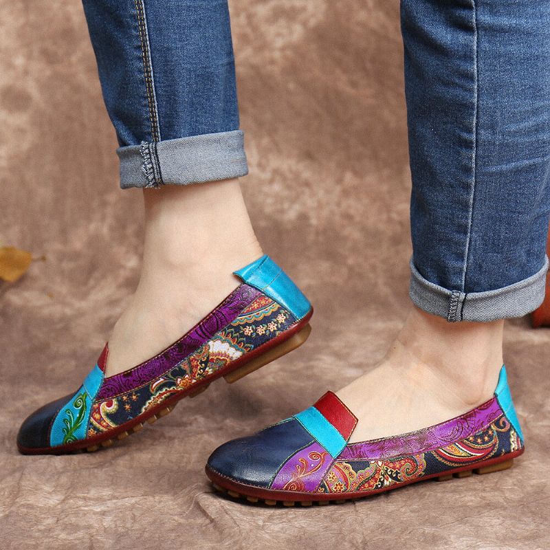 Bohemia De Cuero Suave Con Empalme Floral Cómodo Resbalón Casual En Mocasines Zapatos Planos