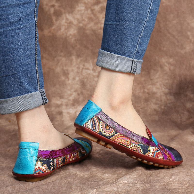 Bohemia De Cuero Suave Con Empalme Floral Cómodo Resbalón Casual En Mocasines Zapatos Planos